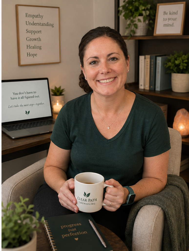 Holly M. Winter Duke in a welcoming teletherapy office